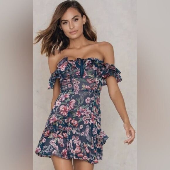 For Love & Lemons Flora Off-Shoulder Mini Dress in Blue Floral medium